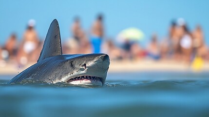 Naklejka premium Great White Shark Emerges Near Crowded Beach: Apex Predator in Coastal Waters