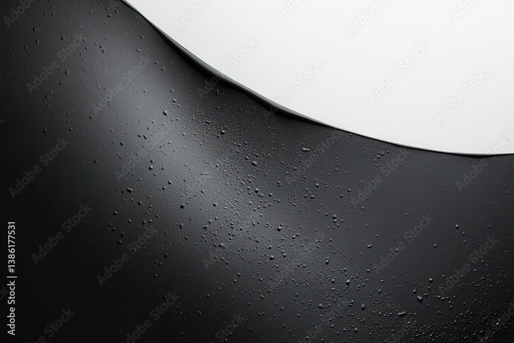 Aufkleber Water droplets collect on a smooth black surface, showcasing contrast against a white background in a dynamic abstract composition created in natural lighting