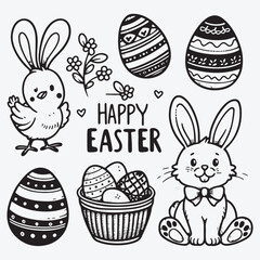 Happy Easter. Cute Easter bunny. Easter chicken. Easter eggs. Vector set stock illustration