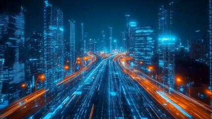 Cityscape at Night - Futuristic city at night with illuminated skyscrapers and busy highway. data streams flow through the urban landscape