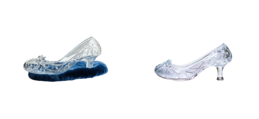 Two elegant glass slippers on blue cushion. Set png cut out