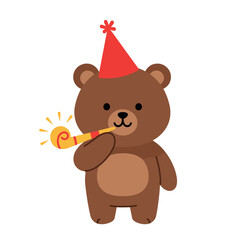 Fototapeta premium Cute cartoon bear wearing a party hat with a noisemaker in a joyful celebration flat vector art