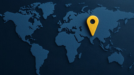 international recognition + global + success + achievement + ranking World map with a yellow location pin highlighting a specific region.