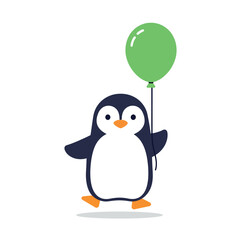 Fototapeta premium A cheerful penguin holding a green balloon in a playful flat vector illustration