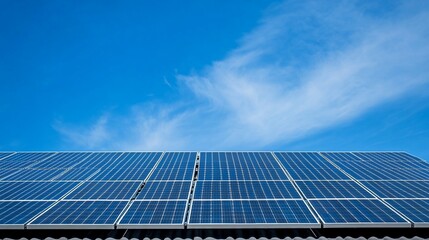 Solar panel array on roof with blue sky providing sustainable energy source