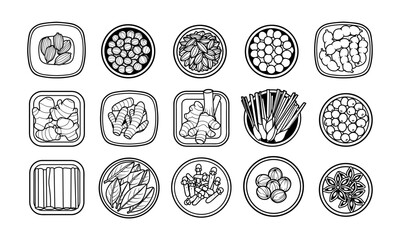 Spices and herbs with plate outline vector illustration set