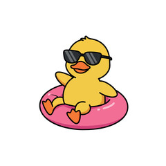 Cute yellow duck wearing sunglasses floating in a pink inflatable ring in a cheerful flat vector illustration