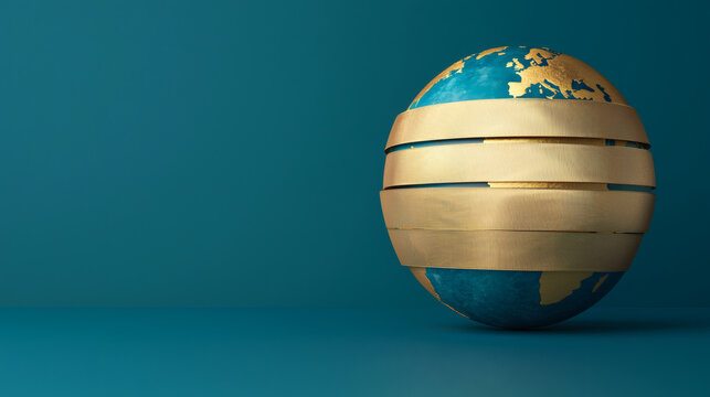 international recognition + global + success + achievement + ranking A globe with golden bands, symbolizing globalization and interconnectedness, set against a teal background.