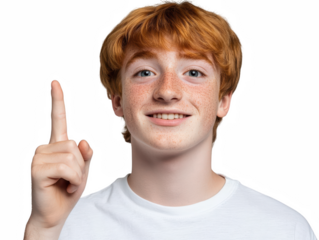 Young man pointing upward indoor studio portrait image bright environment engaging concept