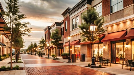 Fototapeta premium Charming Urban Shopping Street at Dusk with Modern Storefront Architecture