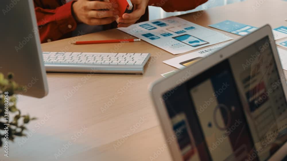 Fototapete startup company employee planning for user interface prototype for mobile application or website in 