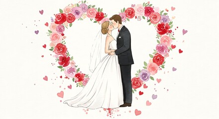 Watercolor Romance: A Wedding Kiss Framed by a Heart of Roses AI Generated