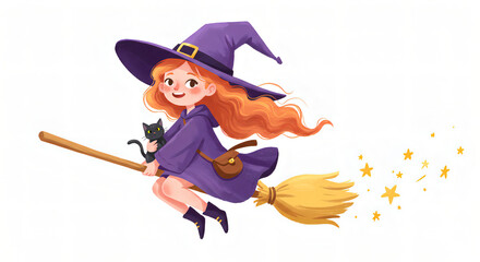 Whimsical Illustration of a Little Witch Flying on a Broomstick with a Black Cat, Cute Halloween-Themed Scene with Magical Atmosphere