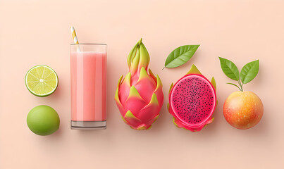 Fototapeta premium Refreshing Dragon Fruit and Citrus Flat Lay with Smoothie and Fruit