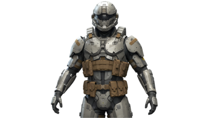 Full body view of a futuristic soldier in armor against black background