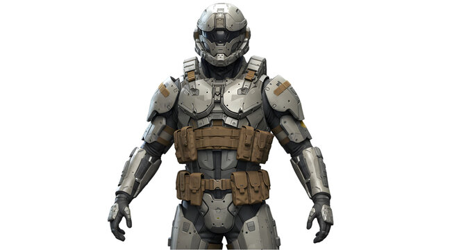 Fototapeta Full body view of a futuristic soldier in armor against black background