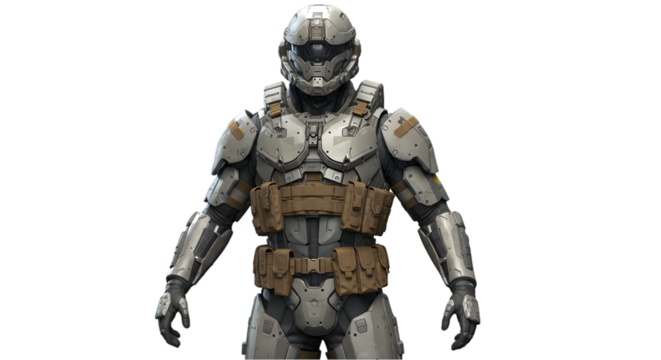 Full body view of a futuristic soldier in armor against black background