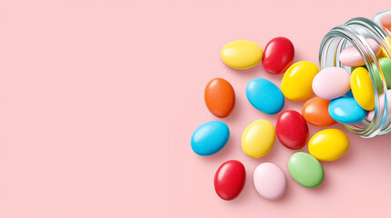 Obraz premium Colorful candy-coated almonds spilling from glass jar on pink background