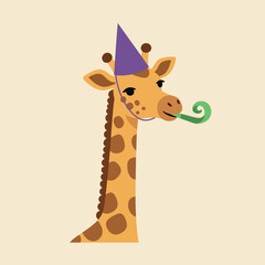 Obraz premium Playful giraffe wearing a party hat and blowing a noisemaker in flat vector art