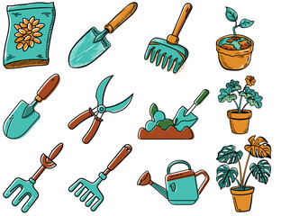 A set of Hand-drawn color sketch illustrations showing tools for caring for houseplants and potted flowers with prominent pencil strokes