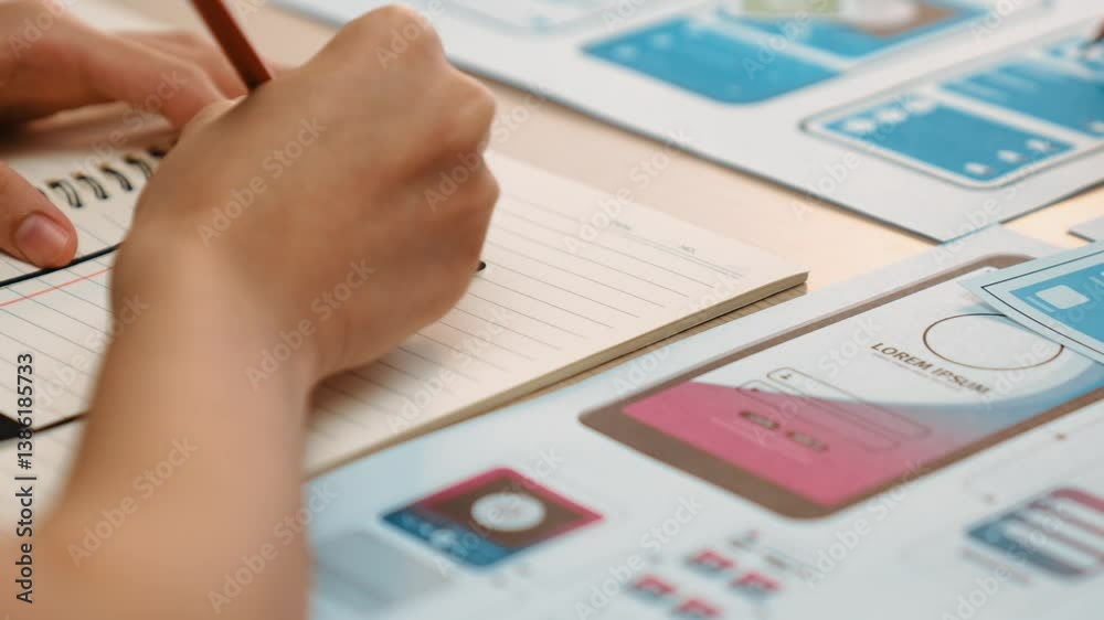 Fototapete startup company employee planning for user interface prototype for mobile application or website in 