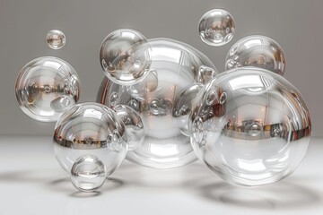 Graceful bubbles of clear water floating beautifully against a soft grey background backdrop