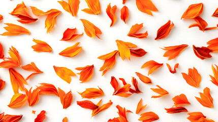Fototapeta premium A detailed view of dried safflower petals scattered across a pristine white background, their vivid orange-red color and fine texture creating a striking and natural composition.