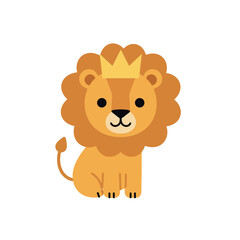 Obraz premium Cute lion character wearing a crown in a flat design style vector illustration