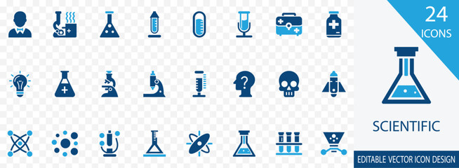 Scientific filled icon set. containing Chemistry, Biology, Physics, Astronomy, Microscope, Laboratory and more vector design