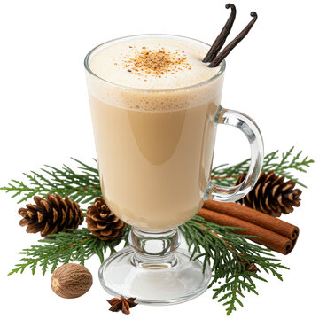 Spiced latte with vanilla pods in an elegant glass.
