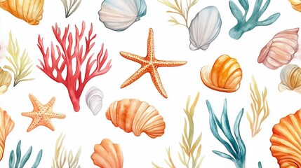 Marine Life Watercolor Pattern: Seashells, Coral, Starfish for Artistic Projects