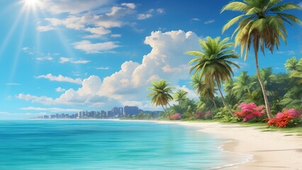 Fototapeta premium A serene beach scene with white sand, gentle waves