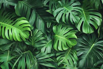 Lush Monstera Leaves Background Pattern with Dark Green Tropical Foliage