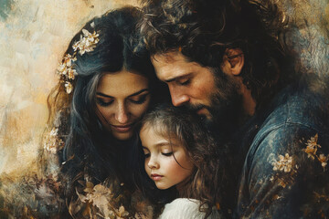 Man, woman, and child portrayed in a painting. Engrossed expressions, colorful attire, serene backdrop. Family bond captured in art.