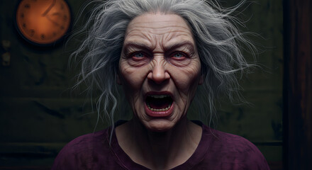 Terrifying scene of an old woman screaming, captured in a horror movie style, with dramatic lighting and intense expression, evoking fear and suspense