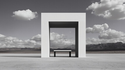 architectural 3D renderings + minimalist + visualization + blueprint A minimalist structure stands in a vast landscape under a dramatic sky.
