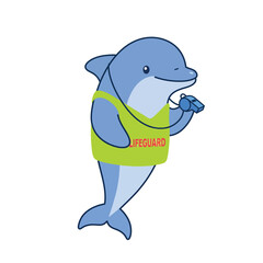 Obraz premium Dolphin wearing a lifeguard vest holding a whistle in a playful flat vector illustration