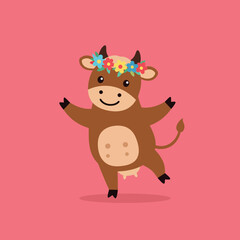 Fototapeta premium Cheerful cartoon cow wearing a flower crown dancing joyfully in a flat vector illustration