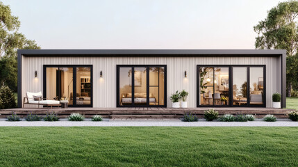 architectural 3D renderings + minimalist + visualization + blueprint Modern house with large glass windows, surrounded by greenery and a patio area.