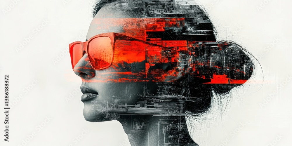 Poster Futuristic portrait of a woman with fragmented digital elements representing technology and identity in a striking visual composition