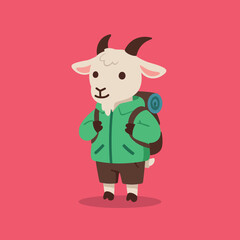 Obraz premium Cartoon goat character wearing a green jacket with a backpack in a playful, flat vector illustration