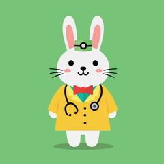 Obraz premium Cute cartoon rabbit doctor in a yellow coat with a stethoscope, flat vector illustration