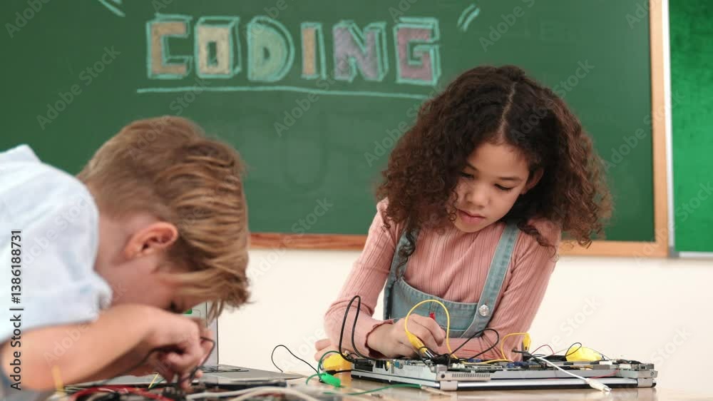 Poster diverse student working electronic board while laptop screen display coding engineering prompt and p