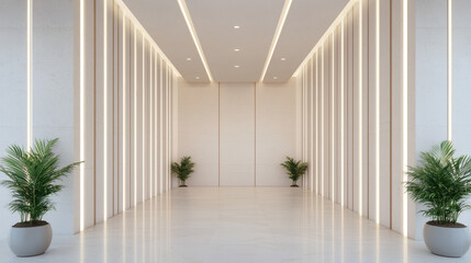 Fototapeta premium architectural 3D renderings + minimalist + visualization + blueprint Modern hallway with sleek design, featuring plants and elegant lighting.