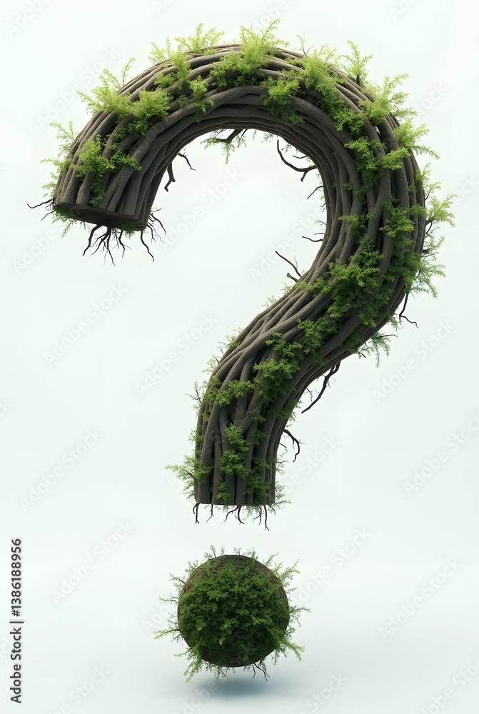 Poster a question mark sculpted from lush greenery, its curved form emerging from a pale background, castin