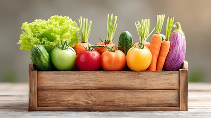 Fresh Organic Vegetables Arranged in a Rustic Wooden Box