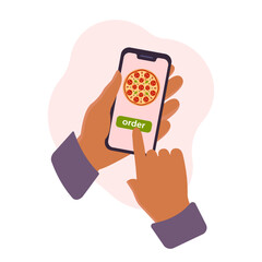Hands with phone choosing pizza. Order fast food with mobile app. Delivery pizza service. Flat vector illustration isolated on white background.