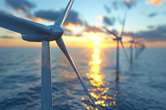 Close up of a modern wind turbine with sleek blades against a clear blue sky showcasing design
