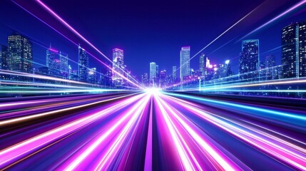 Futuristic City Nightscape: Speed and Light - A vibrant cityscape at night, illuminated by neon lights, showcasing speed, technology, and urban dynamism. Symbolizing progress, innovation, energy
