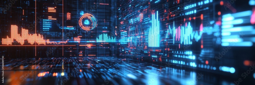 Poster futuristic data stream visualization - neon-lit screens display dynamic data streams, symbolizing te